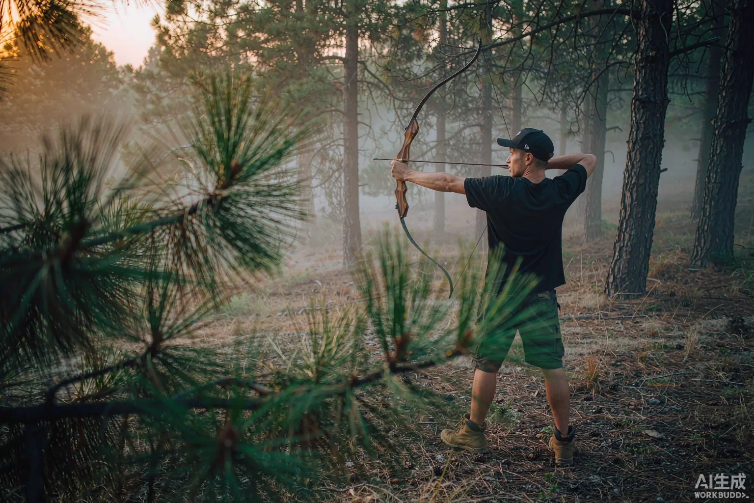 Archer drawing a traditional wooden bow in a misty pine forest